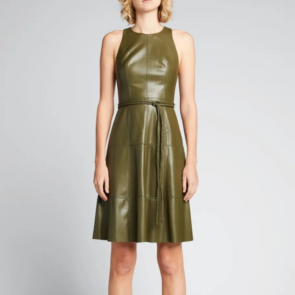 Alice + Olivia Leandra Vegan Leather Midi Dress in Olive - Size 0
